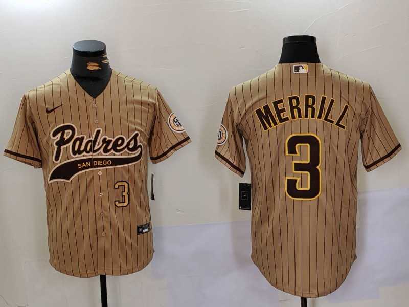 Men%27s San Diego Padres #3 Jackson Merrill Tan 2023 Cool Base Stitched Jerseys->san diego padres->MLB Jersey